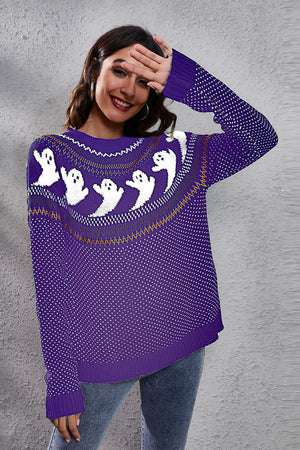 Ghost Pattern Round Neck Long Sleeve Sweater - StyleLure