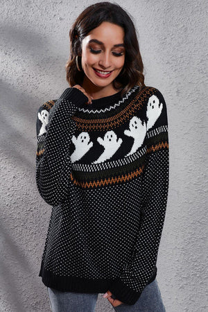 Ghost Pattern Round Neck Long Sleeve Sweater - StyleLure