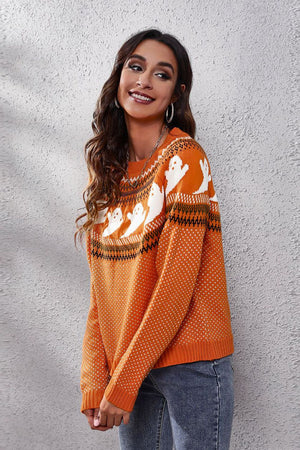 Ghost Pattern Round Neck Long Sleeve Sweater - StyleLure