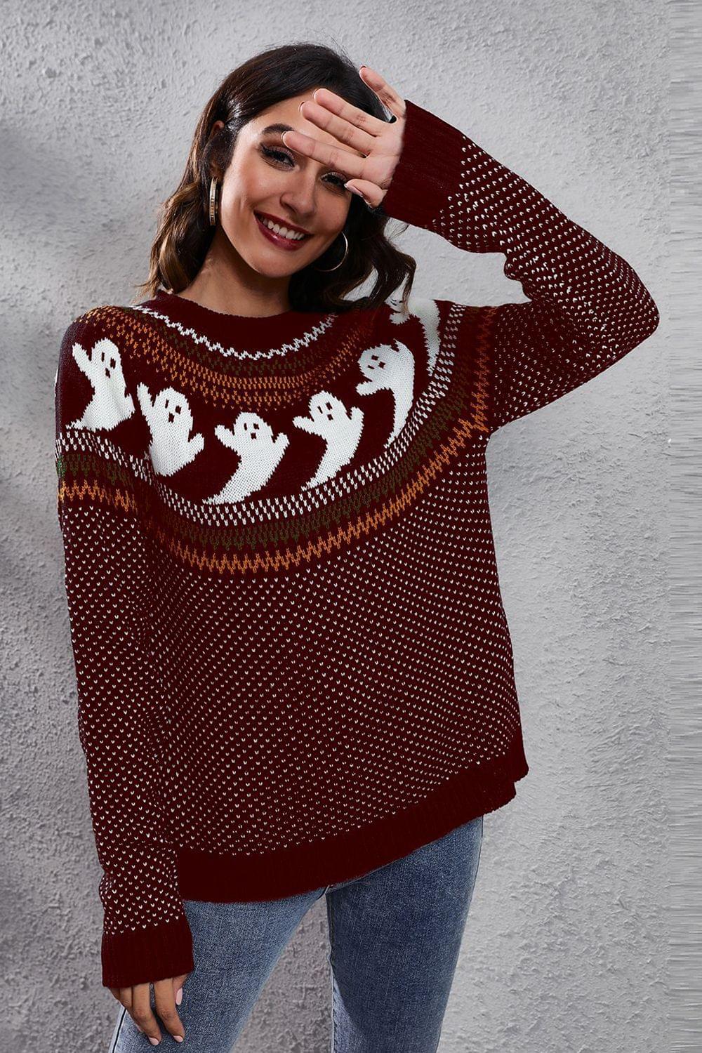 Ghost Pattern Round Neck Long Sleeve Sweater - StyleLure