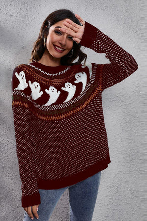 Ghost Pattern Round Neck Long Sleeve Sweater - StyleLure
