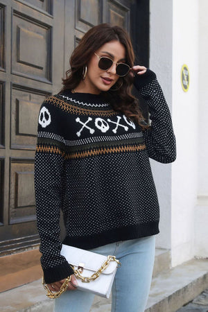 Ghost Pattern Round Neck Long Sleeve Sweater - StyleLure