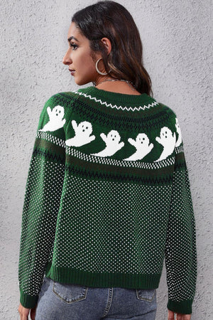 Ghost Pattern Round Neck Long Sleeve Sweater - StyleLure