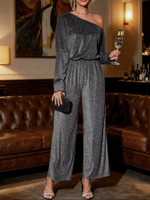 Glitter One Shoulder Long Sleeve Wide Leg Jumpsuit - StyleLure