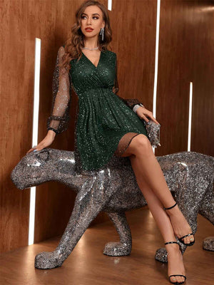 Glitter Surplice Long Sleeve Mini Dress - StyleLure