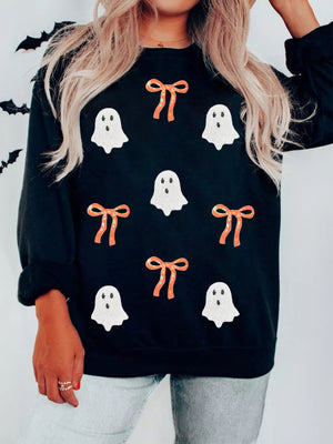 Halloween Ghost Bow Sequin Patched Drop Shoulder Sweatshirt - StyleLure