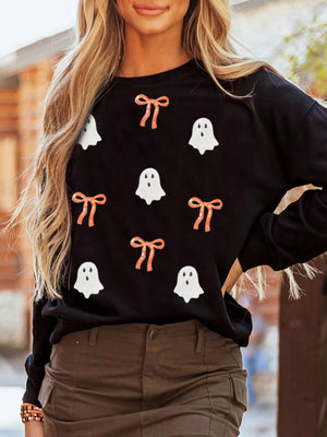 Halloween Ghost Bow Sequin Patched Drop Shoulder Sweatshirt - StyleLure