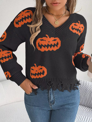 Halloween Pumpkin Pattern Raw Hem V - Neck Sweater - StyleLure