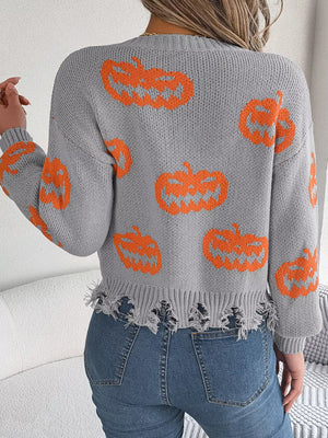 Halloween Pumpkin Pattern Raw Hem V - Neck Sweater - StyleLure