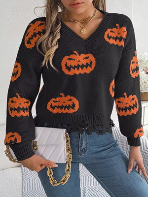 Halloween Pumpkin Pattern Raw Hem V - Neck Sweater - StyleLure