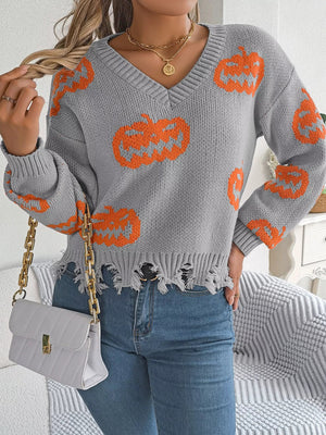 Halloween Pumpkin Pattern Raw Hem V - Neck Sweater - StyleLure