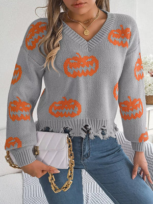 Halloween Pumpkin Pattern Raw Hem V - Neck Sweater - StyleLure
