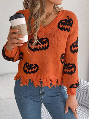 Halloween Pumpkin Pattern Raw Hem V - Neck Sweater - StyleLure
