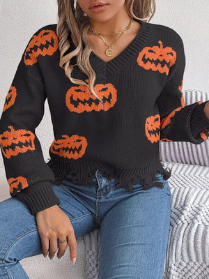 Halloween Pumpkin Pattern Raw Hem V - Neck Sweater - StyleLure