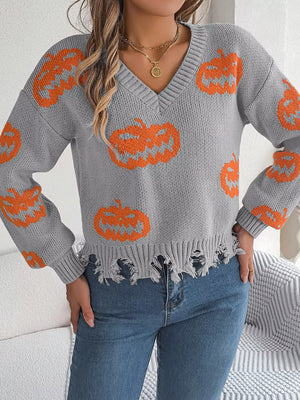 Halloween Pumpkin Pattern Raw Hem V - Neck Sweater - StyleLure