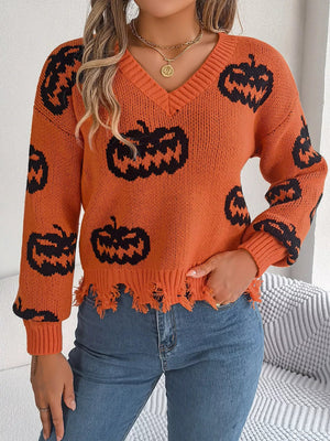 Halloween Pumpkin Pattern Raw Hem V - Neck Sweater - StyleLure