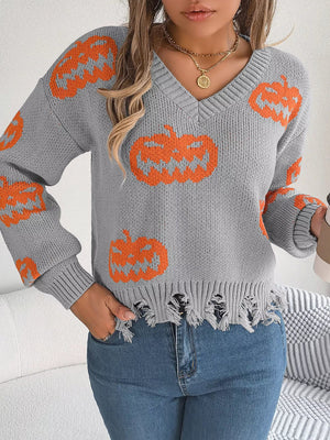 Halloween Pumpkin Pattern Raw Hem V - Neck Sweater - StyleLure