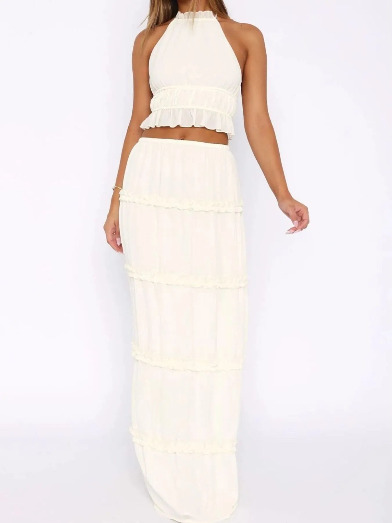 Halter Crop Backless Top and Maxi Skirt Set - StyleLure