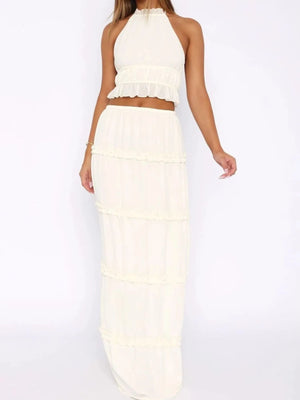 Halter Crop Backless Top and Maxi Skirt Set - StyleLure