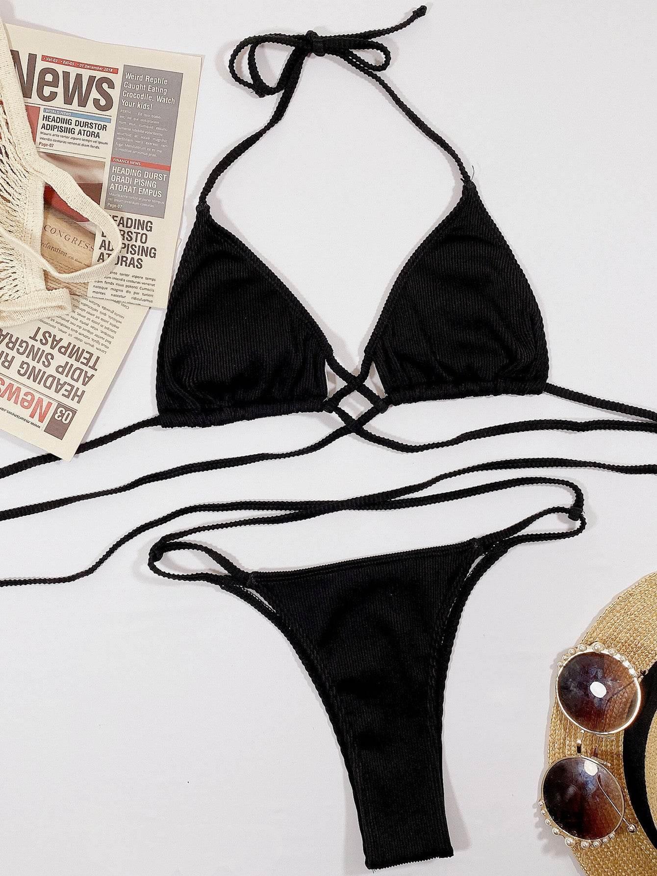 Halter Neck Crisscross Ribbed Bikini Set - StyleLure