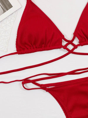 Halter Neck Crisscross Ribbed Bikini Set - StyleLure