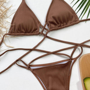 Halter Neck Crisscross Ribbed Bikini Set - StyleLure
