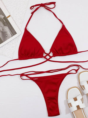 Halter Neck Crisscross Ribbed Bikini Set - StyleLure