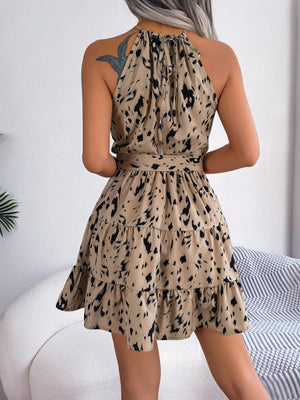 Halter Neck Printed Tie Waist Sleeveless Mini Dress - StyleLure