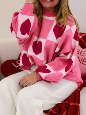 Heart Pattern Checkered Round Neck Sweater - StyleLure