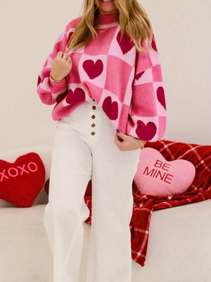 Heart Pattern Checkered Round Neck Sweater - StyleLure