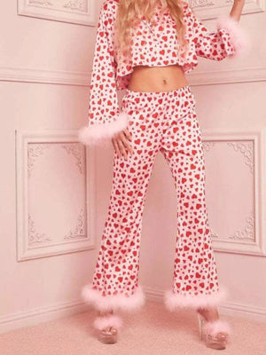 Heart Print Long Sleeve Top and Pants Lounge Set - StyleLure