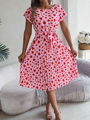 Heart Print Short Sleeve Tie Waist Dress - StyleLure