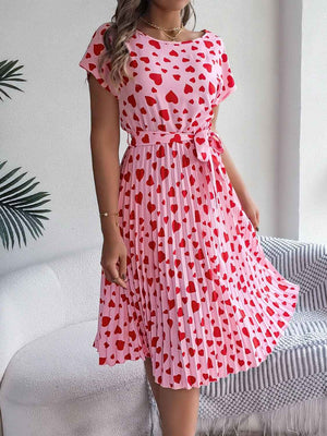 Heart Print Short Sleeve Tie Waist Dress - StyleLure