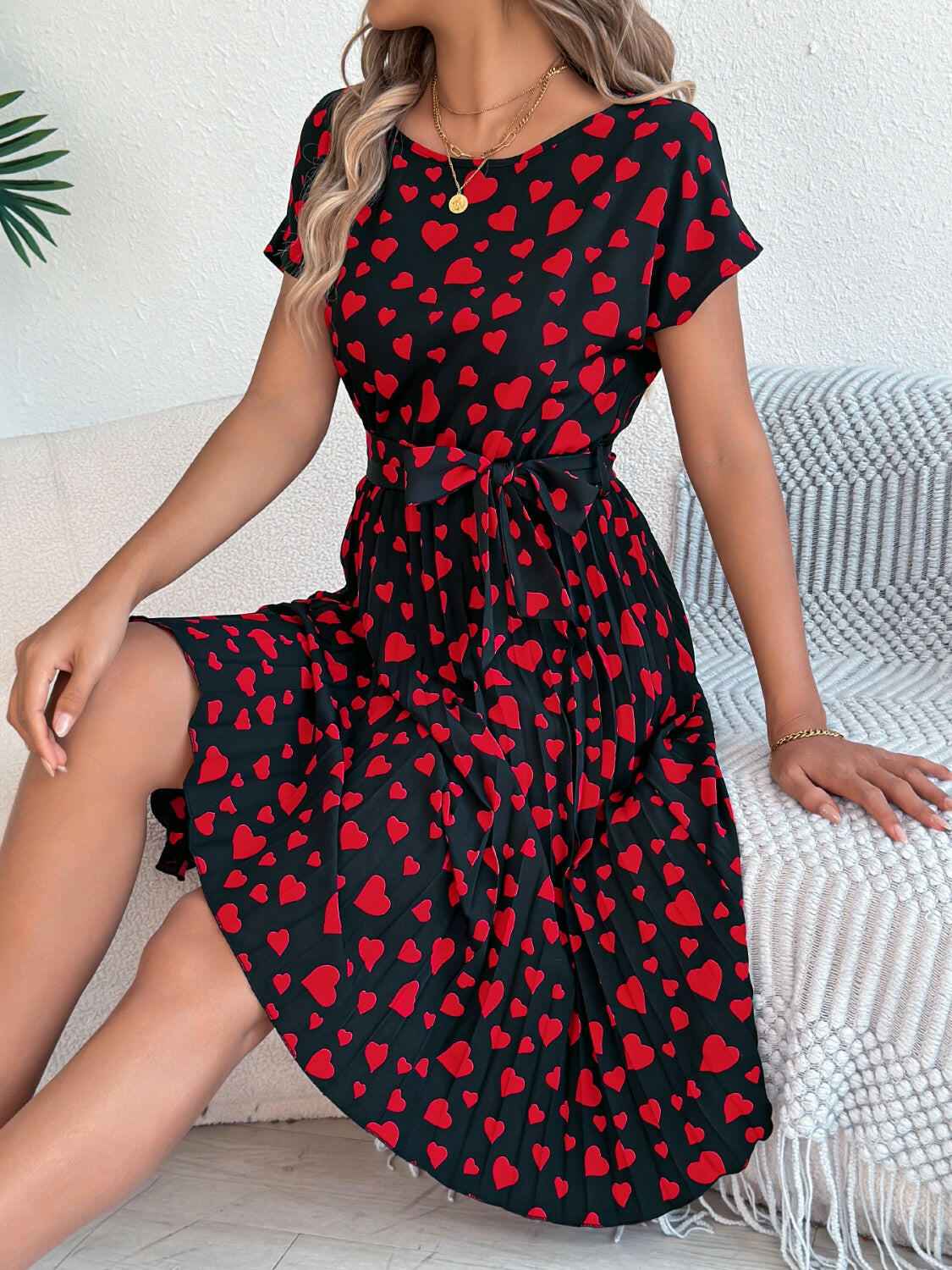 Heart Print Short Sleeve Tie Waist Dress - StyleLure