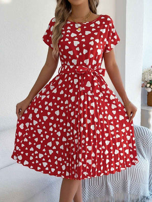Heart Print Short Sleeve Tie Waist Dress - StyleLure