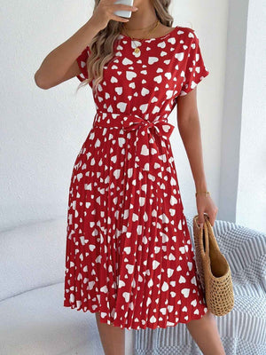 Heart Print Short Sleeve Tie Waist Dress - StyleLure