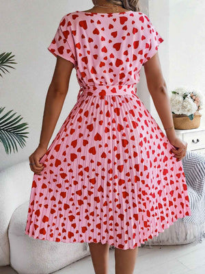 Heart Print Short Sleeve Tie Waist Dress - StyleLure