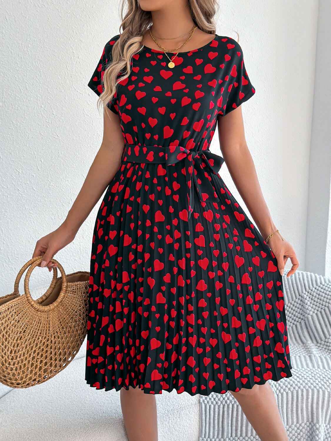 Heart Print Short Sleeve Tie Waist Dress - StyleLure