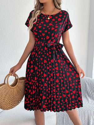 Heart Print Short Sleeve Tie Waist Dress - StyleLure
