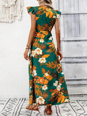 High - Low Printed Cap Sleeve Maxi Dress - StyleLure