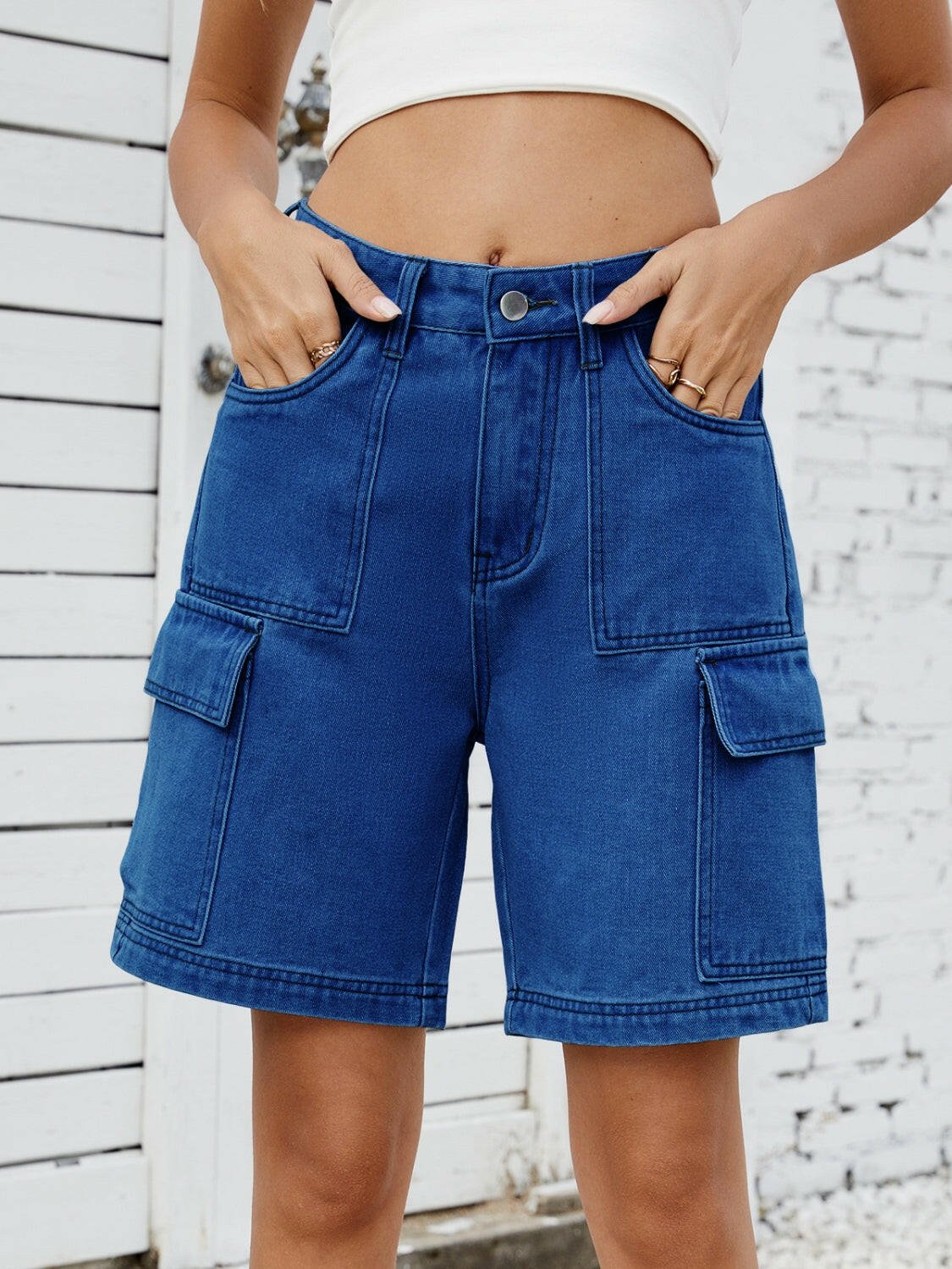 High Waist Denim Shorts with Cargo Pockets - StyleLure