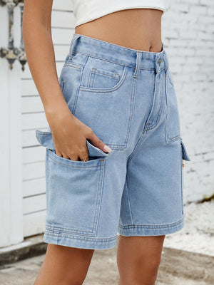 High Waist Denim Shorts with Cargo Pockets - StyleLure
