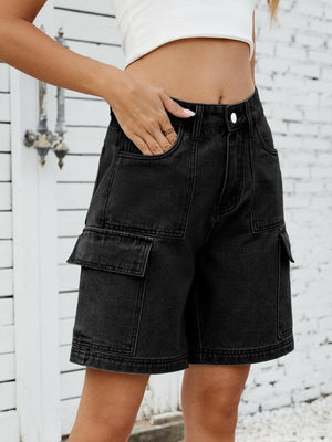 High Waist Denim Shorts with Cargo Pockets - StyleLure