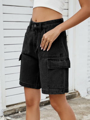 High Waist Denim Shorts with Cargo Pockets - StyleLure