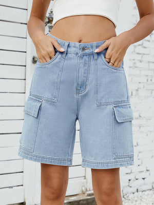 High Waist Denim Shorts with Cargo Pockets - StyleLure