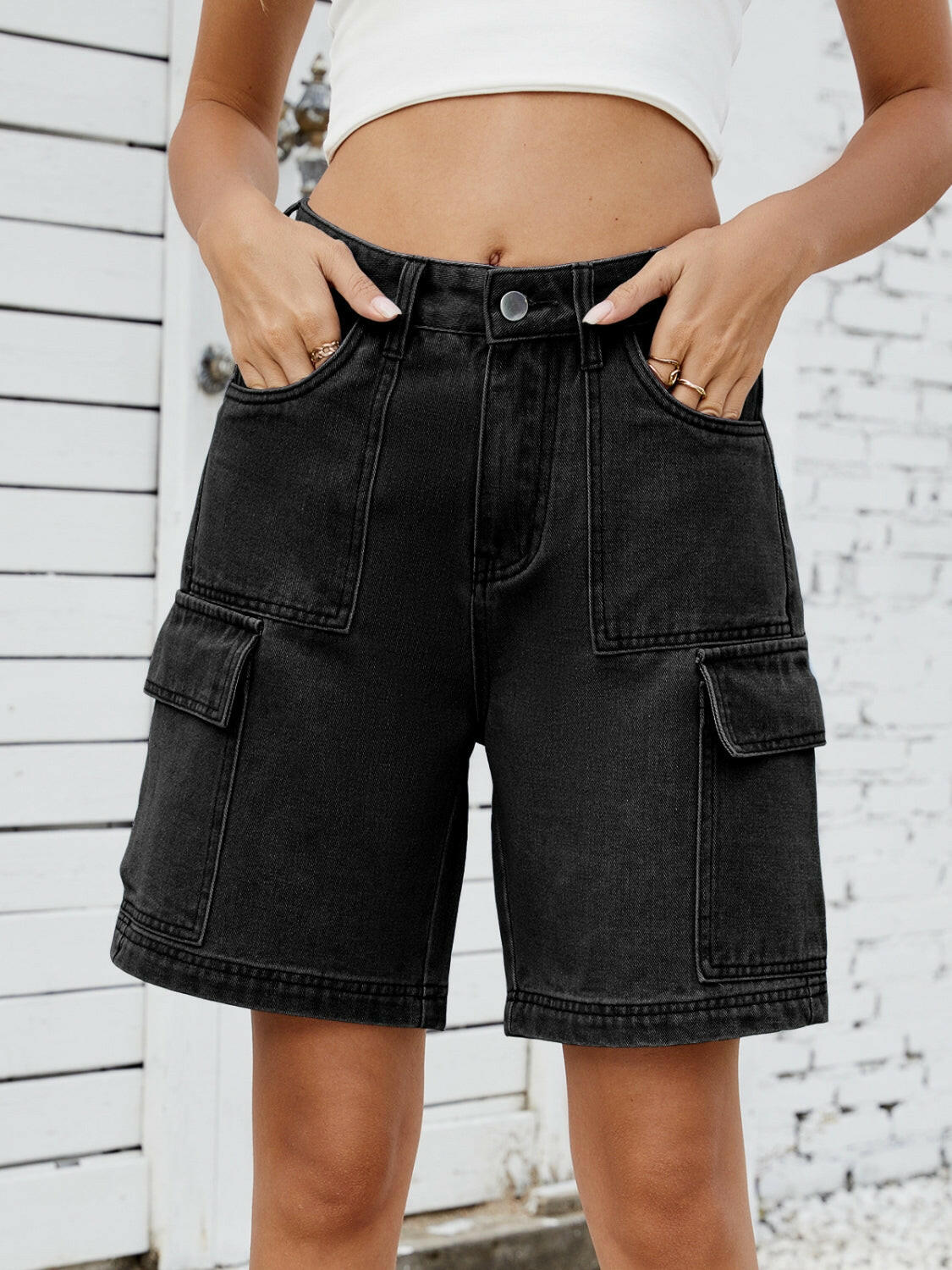 High Waist Denim Shorts with Cargo Pockets - StyleLure