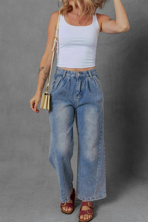High - Waist Wide Leg Pleated Denim Jeans - StyleLure