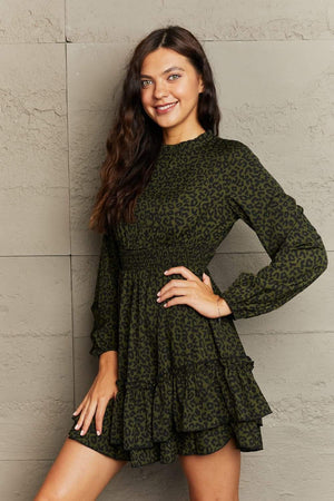 Honey Leopard Smock Waist Long Sleeve Dress - StyleLure