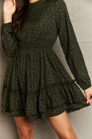 Honey Leopard Smock Waist Long Sleeve Dress - StyleLure