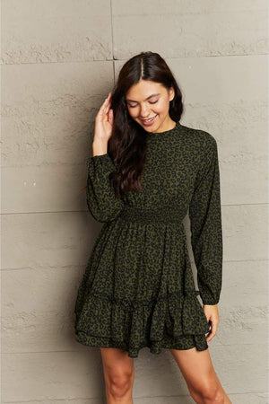 Honey Leopard Smock Waist Long Sleeve Dress - StyleLure